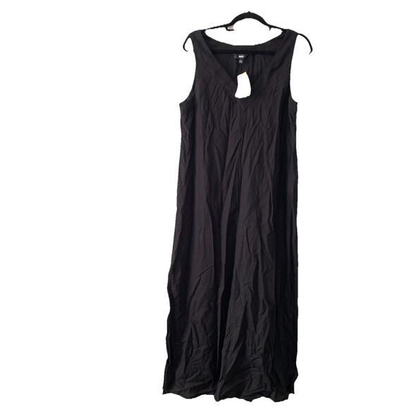 DKNY Womens Medium Dress Maxi Sleeveless V Neck Slits Linen Black NEW - Picture 1 of 6